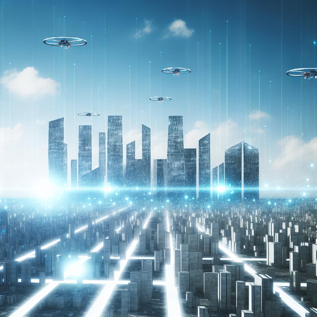 A futuristic cityscape with towering skyscrapers and advanced technology seamlessly integrated into the urban environment. The sky is filled with drones and hovercrafts, showcasing a blend of AI and cloud technology in action.