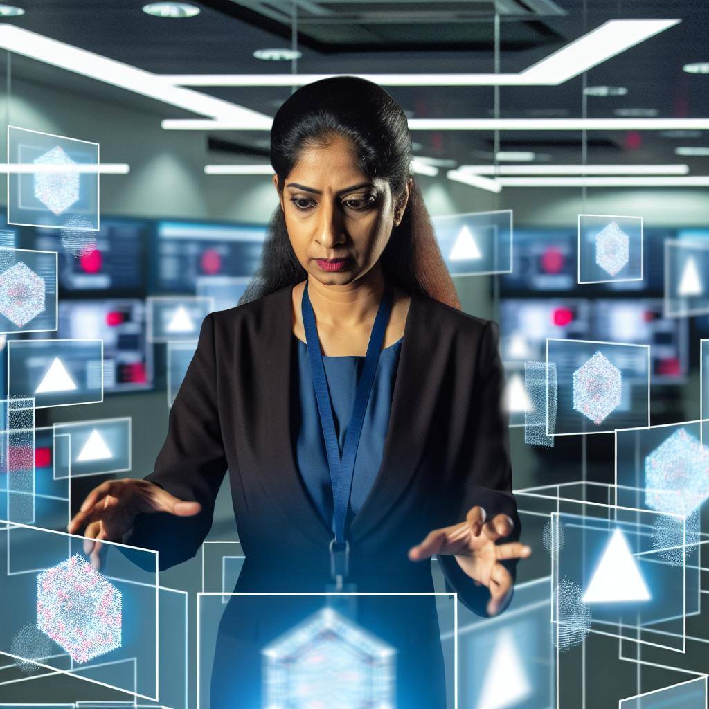 A person surrounded by digital screens displaying various cyber threats, with a focus on securing banking data against hacking.