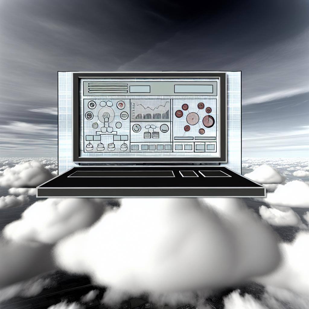 An image of a computer screen displaying a virtual VMware dashboard on a background of a cloudy sky, symbolizing the deployment of VMware on Azure for optimized cloud infrastructure.