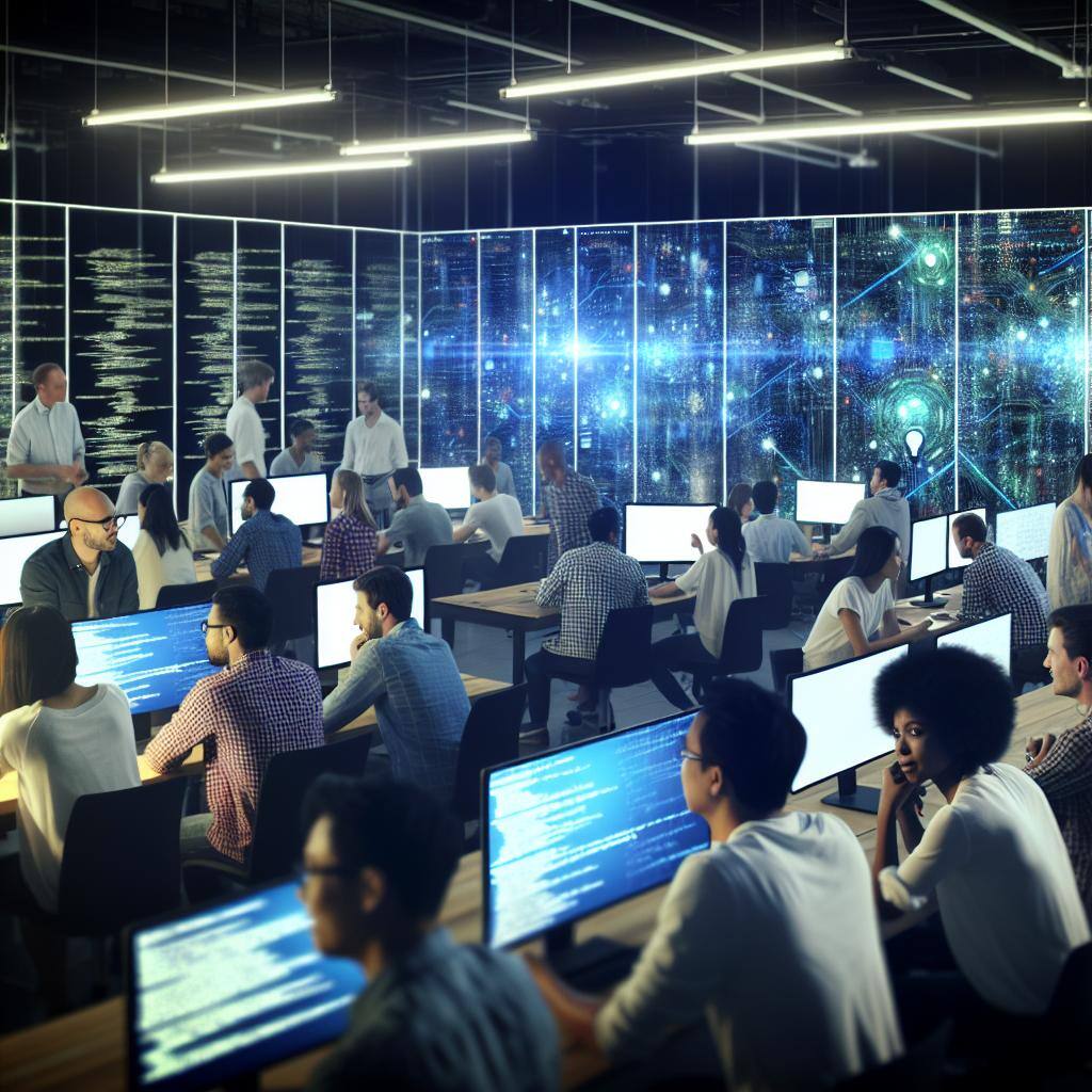 An immersive image of developers working together in a vibrant, high-tech workspace, surrounded by computer screens displaying code and futuristic technology.